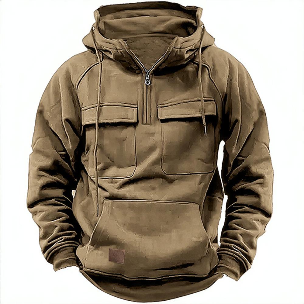 Herren-Kapuzenpullover mit halbem Reißverschluss, solide, warme Fleece-Militär-Sweatshirts mit mehreren Taschen, männliche Kapuzenjacken L khaki