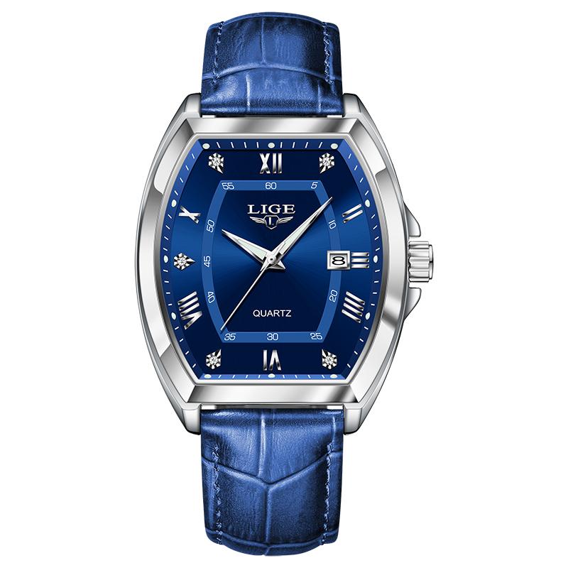 LIGE Herrenuhren Luxus Original Top Marke Leder Wasserdicht Leuchtendes Diamant Zifferblatt Datum Herren Quarz Uhr silber/blau