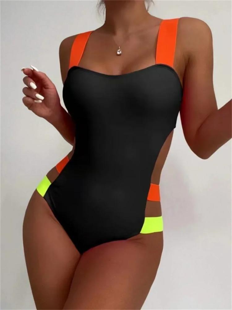 Sexy Schwarz Kontrast Einteiliger Badeanzug 2025 Frauen Neon Strap Aushöhlen Backless Monokini Sommer Badeanzug Patchwork Bademode L schwarz