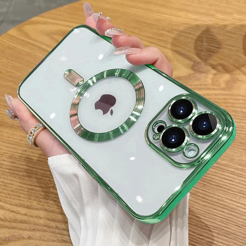 Für iPhone 16 15 Pro Max Luxus-Kabelloses Laden Magsafe-Hülle Für iPhone 14 Plus 13 12 11 Pro Max Weiche transparente Silikonabdeckung For iPhone 16 Pro Max grün