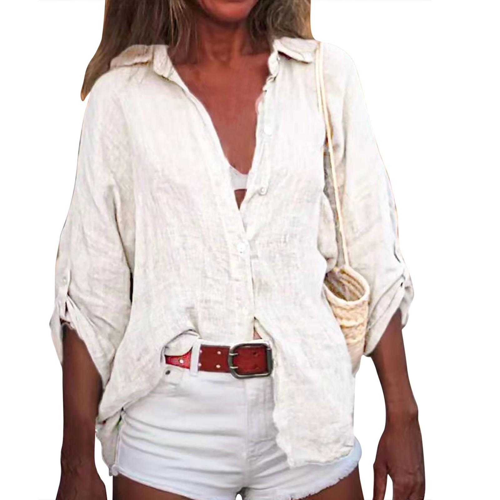 Damen-Sommer-Hemd aus Baumwolle und Leinen, einfarbig, Sieben-Punkt-Ärmel, V-Ausschnitt, lockeres Hemd L weiß