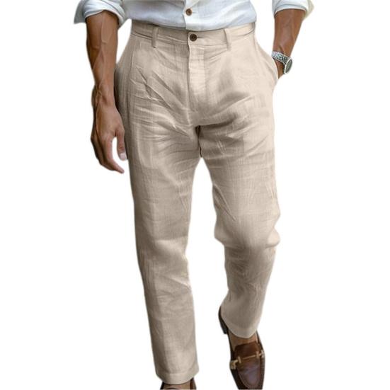 Herren Leinen Freizeit Hose Reguläre Passform Einfarbige Hose Atmungsaktive Anzughose mit Gürtelschlaufe für Reisen Büro Strand Tägliche Kleidung S khaki