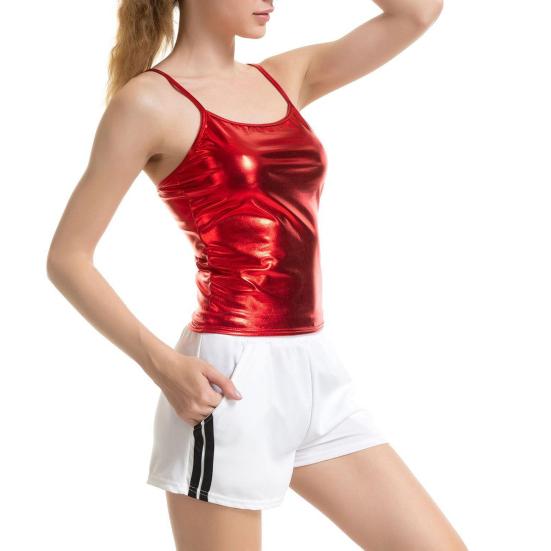 Damen Tank Top Rundhals Sexy Slim Fit Ärmellos Pullover Lässig Party Wear Einfarbig Sling Weste Shirt Mode Kunstleder Damenkleidung M rot