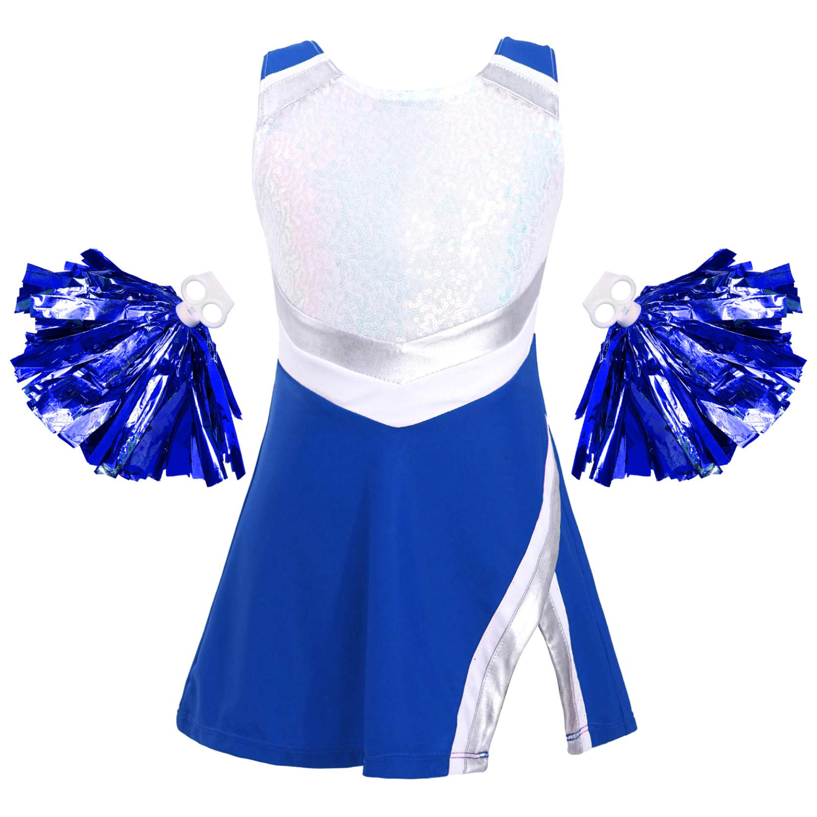 Kinder Mädchen Cheerleading Tanz-Outfit, ärmelloses, mit glänzenden Pailletten verziertes Kleid mit Shorts und Blumenbällen, Set für Halloween, Karneval, Party, Kostüm 9-10 Years königsblau