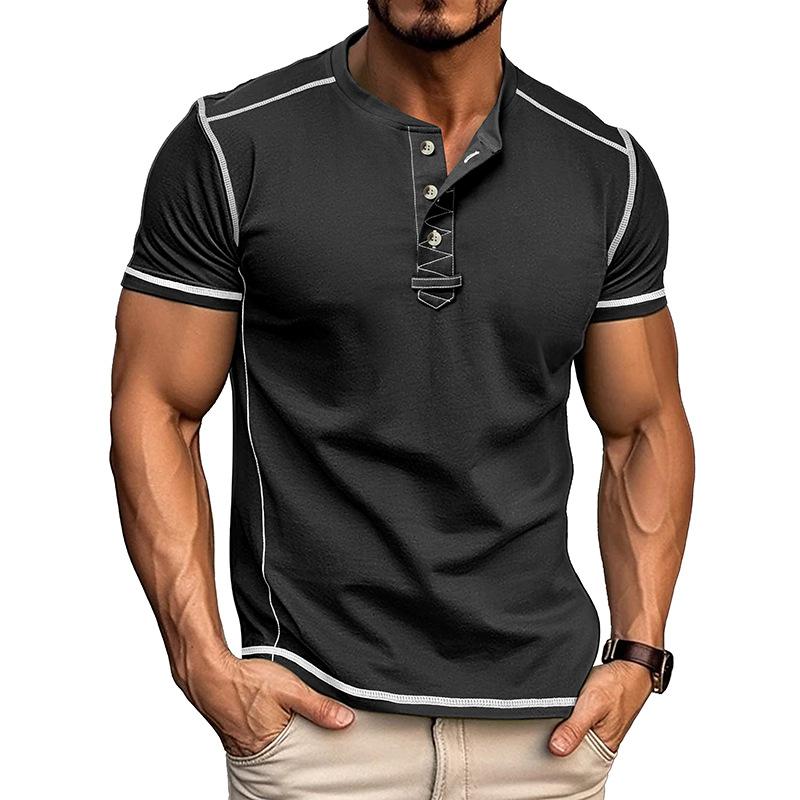 Kurzärmelige Henley-Shirts für Herren, Sommer-T-Shirts mit Knopfleiste, lässiges Basic-T-Shirt, einfarbige T-Shirts, weiche und bequeme Oberteile, klassische Passform, T-Shirt für Männer S schwarz
