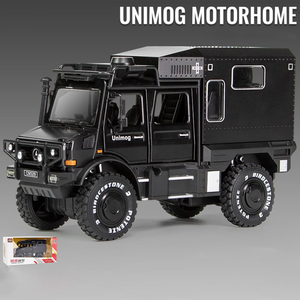 1:Benz Unimog-Automodell im Maßstab 28, Druckguss-Pull-Back-Auto-Spielzeugauto, Türen offen, Licht und Ton, Jungenspielzeug, Kinder-Erwachsene-Geschenke 1/28-18.8x10.5x6.7cm schwarz