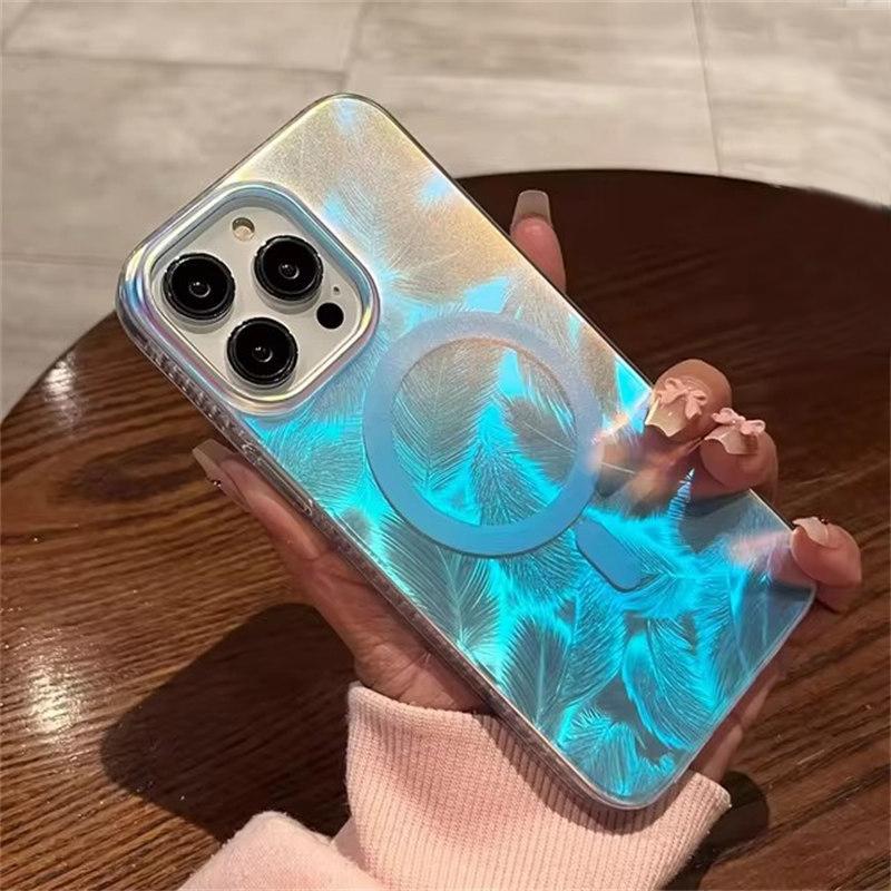Luxuriöse Feather Laser Aurora Magsafe Hülle für iPhone 16 15 14 11 12 13 Pro Max Acrylpanzerung PC Stoßfeste Hülle für iPhone 15Pro iPhone 15 Plus