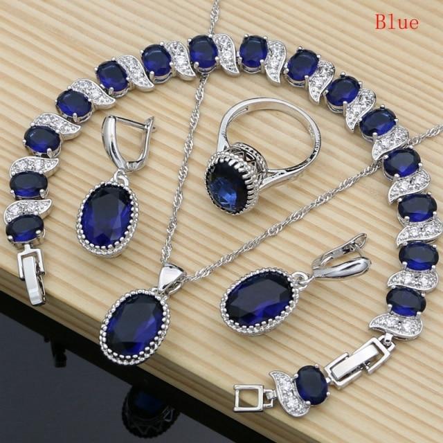 Natürlicher 925er Silberschmuck, roter Geburtsstein, Charm-Schmuckset für Damen, Ohrringe/Anhänger/Halskette/Ring/Armbänder 9 blau