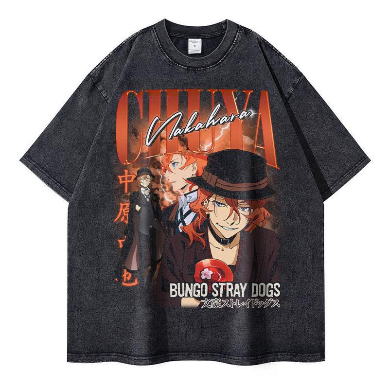 Nakahara Chuuya T-Shirt Vintage Washed Anime Bungo Stray Dogs T-Shirts Übergroße Streetwear Dazai Osamu Atsushi Oberteile T-Shirts Herren M