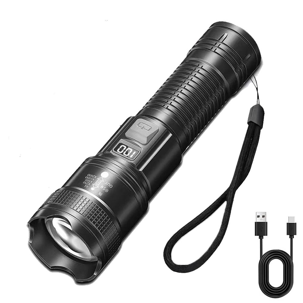 Tragbare wiederaufladbare LED-Taschenlampen Hochleistungs-Taschenlampe Teleskop-Zoom-Taschenlampe Outdoor Camping Angeln schwarz