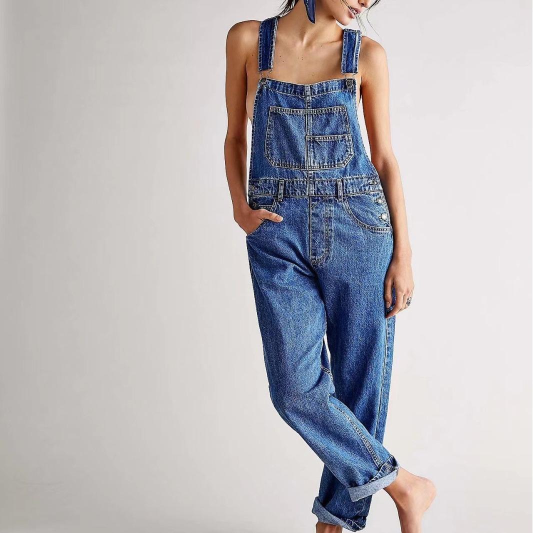 Blauer Damen Vintage Retro Denim Langer Jumpsuit Lässig Träger Gerade Einteiler Latzhose Sommer Baggy Latzhose M dunkelblaue