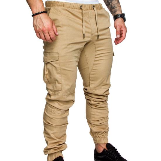 Männer Casual Einfarbig Taschen Taille Kordelzug Knöchel Gebunden Skinny Cargo Hosen L khaki