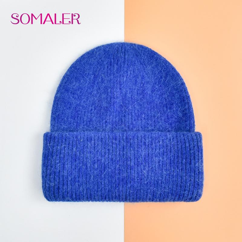 SOMALER Winter Angora Wolle Gestrickte Mütze Weich Warm Flauschig Kaninchenfell Strick Einfache Mützen für Damen blaue Lupine