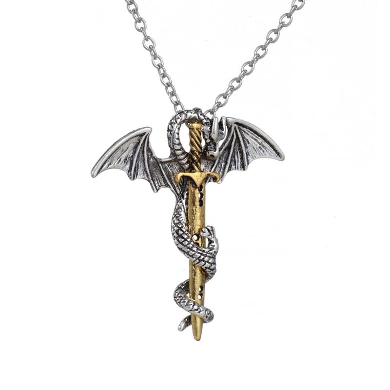 Mode Vintage Charme Flugsaurier Schwert Halskette fliegenden Drachen mit Flügeln gerollt Anhänger Kreuz Punk Schmuck Männer Frauen 50cm
