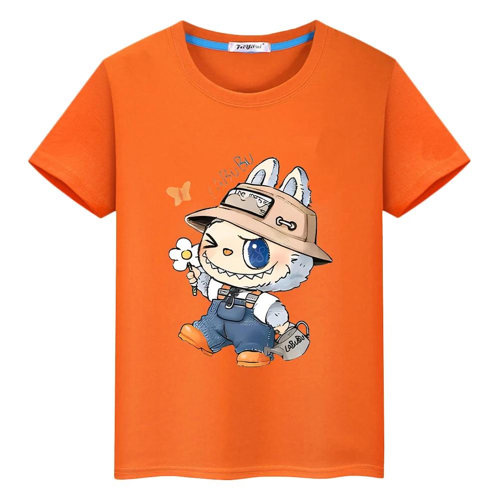 labubu 100% Baumwolle T-Shirt für Kinder Junge 10 Jahre Kleinkind Mädchen Kleidung Kawaii Oberteile Anime Kurz Stolz T-Shirt Y2K Kinderkleidung Mädchen 150 orange