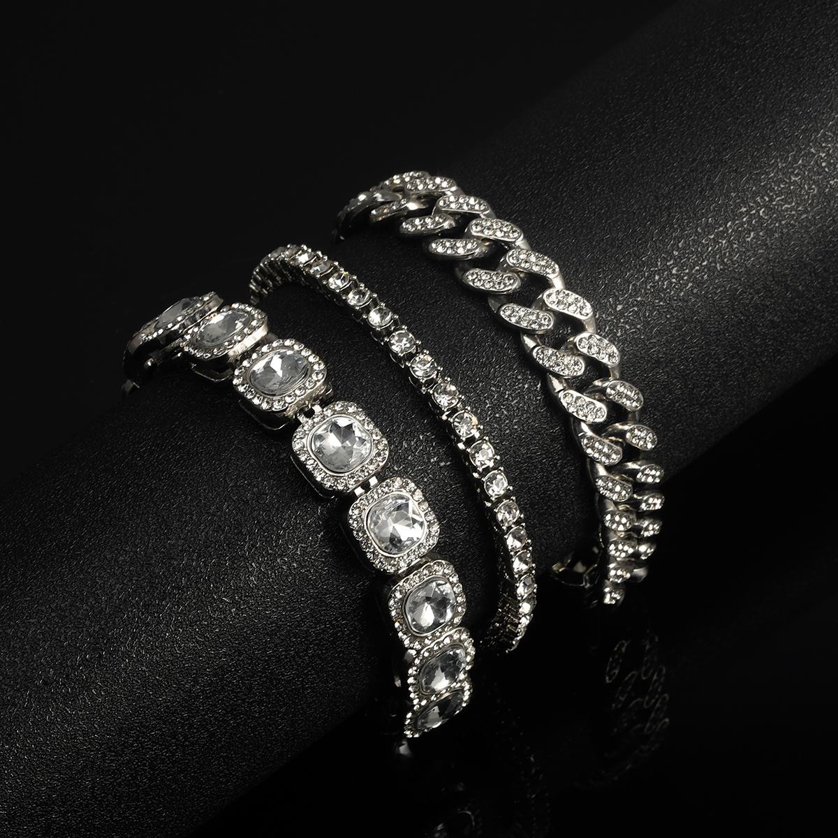 3er Set Stilvolle Armbänder für Herren Damen Silber Cubanische Kette+Tennis Kette+Zucker Kette Leichter Luxus Iced Out Hip-hop Punk Schmuck Geschenk Set B black