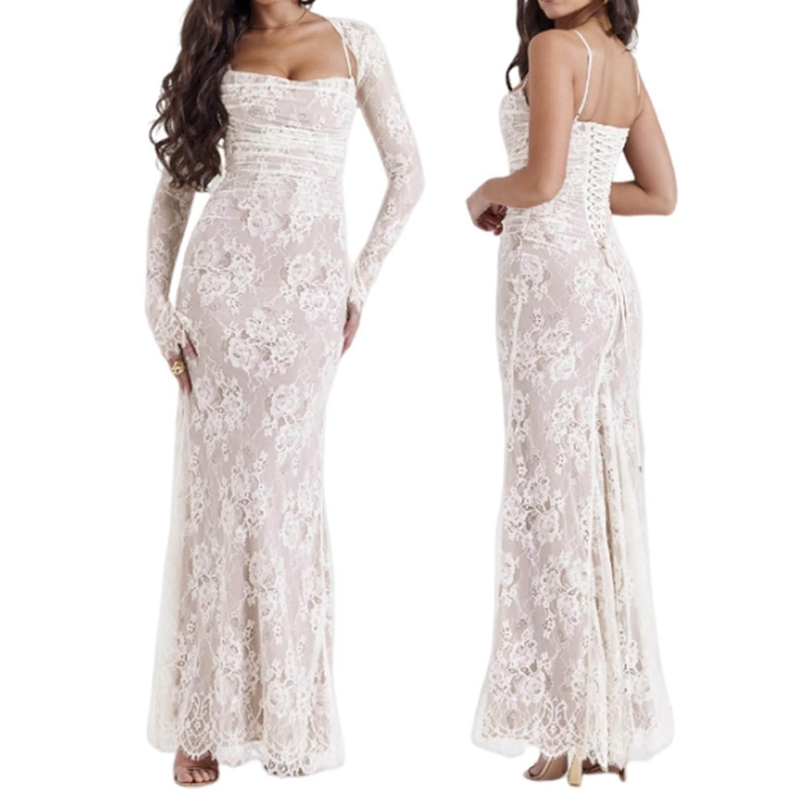 Kleid Maxikleid 2-teiliges Korsett Capelet Blumenmuster Weiches Netz Sexy Abendkleid, Schal Korsett mit Kordelzug aus Spitze M weiß