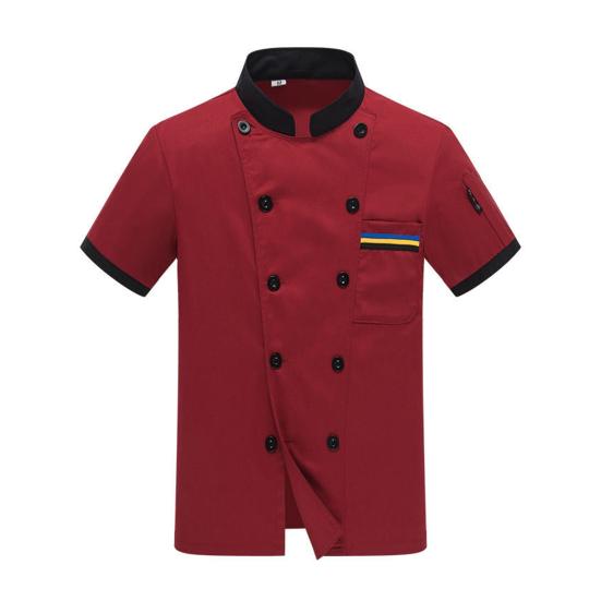 Unisex-Kochjacke, farblich abgestimmt, zweireihig, kurzärmelig, Stehkragen, Gastronomie-Uniform, Chef-Hemd, Kellner-Oberteil für die Küche 2XL rot