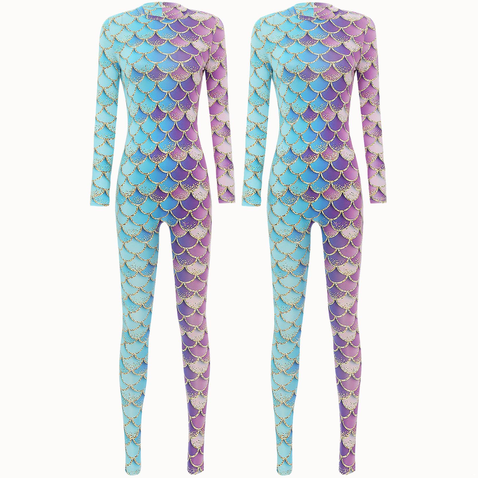 Damen Meerjungfrau Kostüm Fischschuppen Druck Overall Ganzkörperanzug Karneval Party Overall Halloween Kostüm XL see-blaue/violett