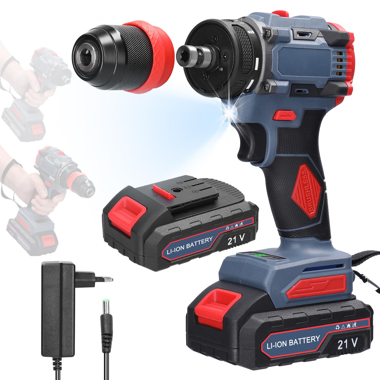 21V 2in1 Lithium-Bohrschrauber Elektroschrauber Multifunktions-Elektrowerkzeug 55Nm Drehmoment Bürstenloser Motor 2pcs batteries EU Plug bunt