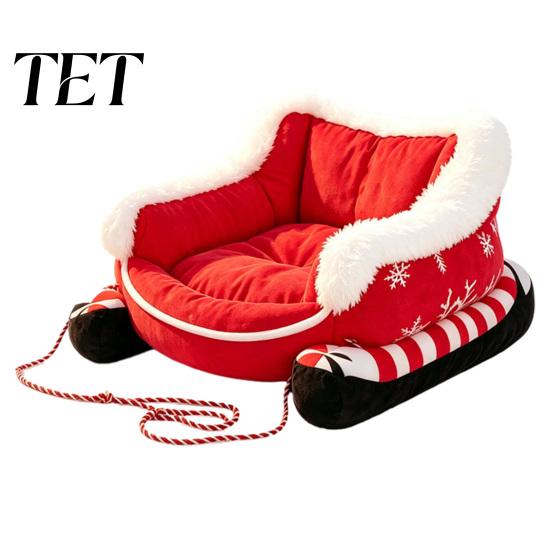 Kratzfester Hundesofa Weihnachts Schlittenbett mit rutschfester Basis, Plüsch Beruhigendes Haustier Waschbare Abnehmbare Basis Hundehütte für Innen Außen, Spaß S rot