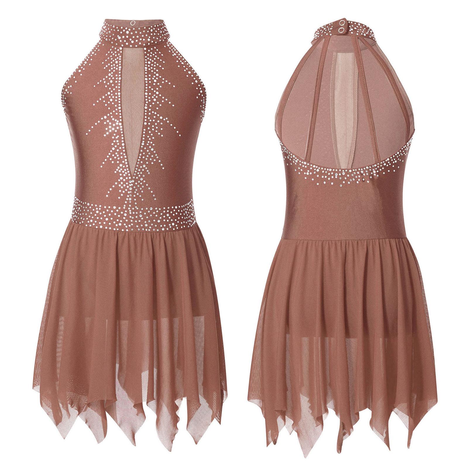 Kinder Mädchen Eiskunstlauf-Tanzkleid, ärmellos, glänzendes Strass-Mesh-Trikot, Tutu, Ballett, Gymnastik, lyrische Kleider 11-12 Years braun