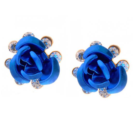 Damenmode Rose Blume Ohrstecker Strass eingelegte Ohrringe Schmuck Geschenk dunkelblaue