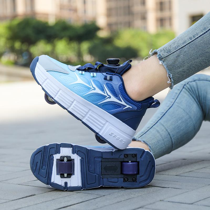 Neue Kinder Laufschuhe Jungen und Mädchen Burst Schuhe Doppelrad Erwachsenenschuhe mit Rollen Schulmädchen Rollschuhe Sommer 33