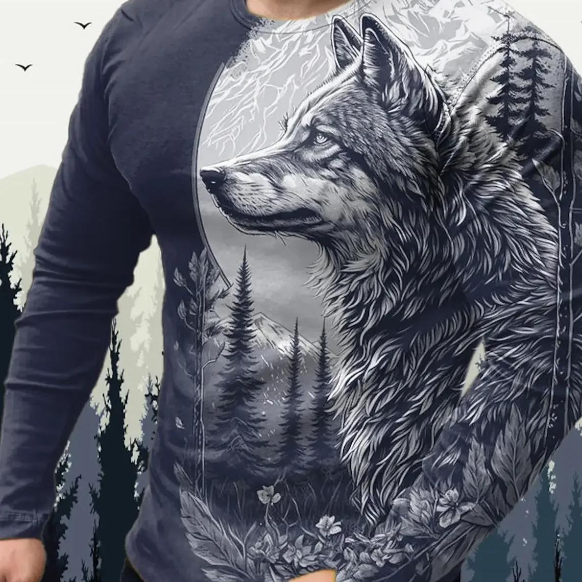 Männer T Shirts Vintage Tier Wolf Langarm Tops Herbst Sweatshirt Grafik Casual Hip Hop Mode Kleidung Oansatz T-shirts XL