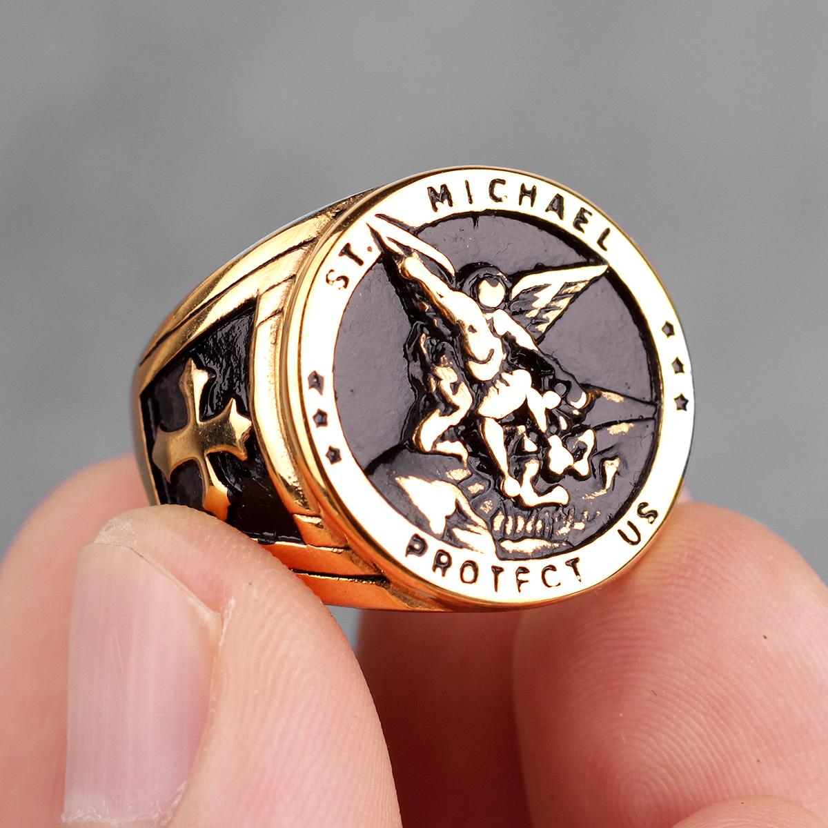 316L Edelstahl St-Michael Herrenringe Glücksbringer Talisman Religiöse Persönlichkeit Bikerring für Männer Jungen Modeschmuck Geschenk 11 white