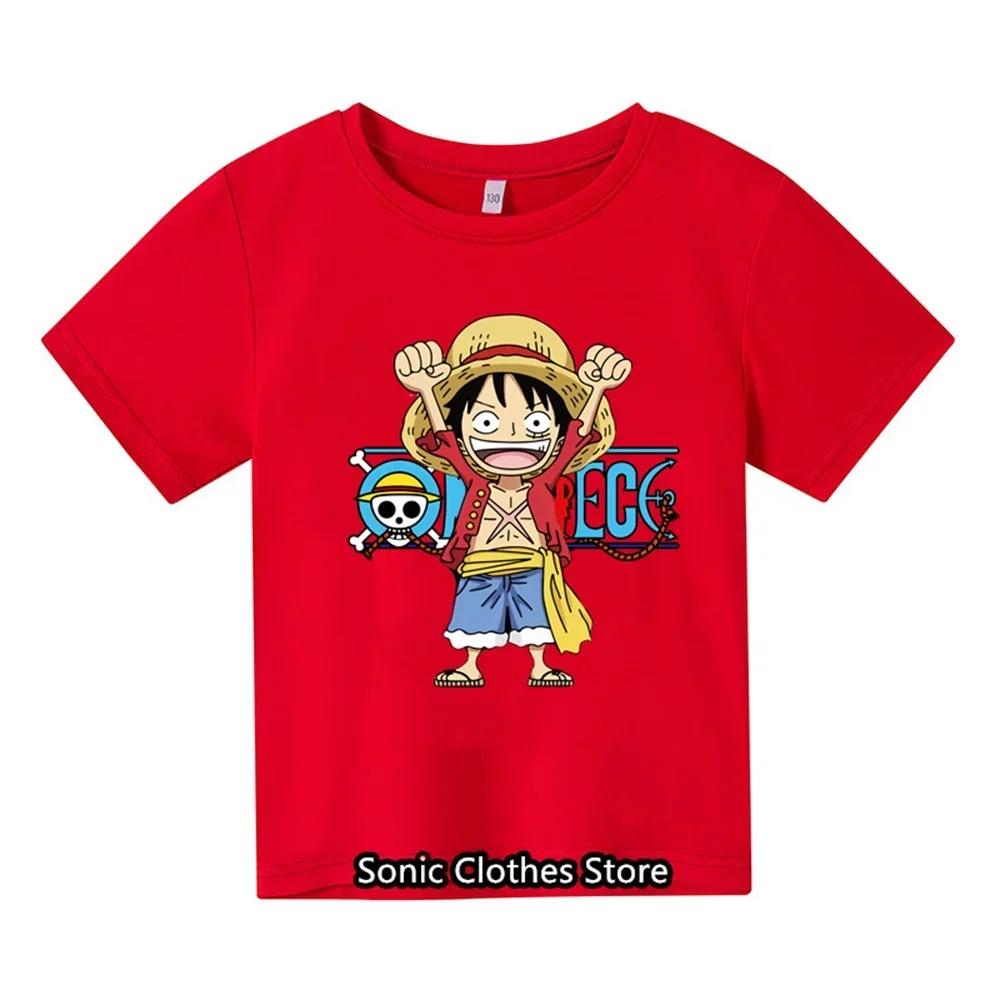 One Piece T-Shirt Kinderkleidung Kinder Reines Baumwoll-T-Shirt Cooles Cartoon Anime Sommer Freizeit Oberteile T-Shirt Luffy Junge Mädchen Streetwear 140