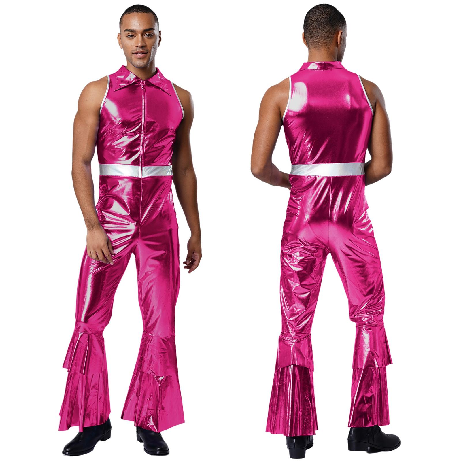 Herren 70er Jahre Disco Kostüm Reverskragen Ärmellos Hohe Taille Schlaghose Jumpsuit Tanz Sänger Kostüm XL