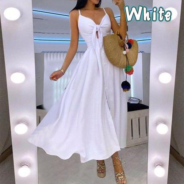 Modische Kleider für Damen, tiefer V-Ausschnitt, ärmellos, Maxi, lässig, Träger, Bohemian-Kleid, Strandkleidung M weiß