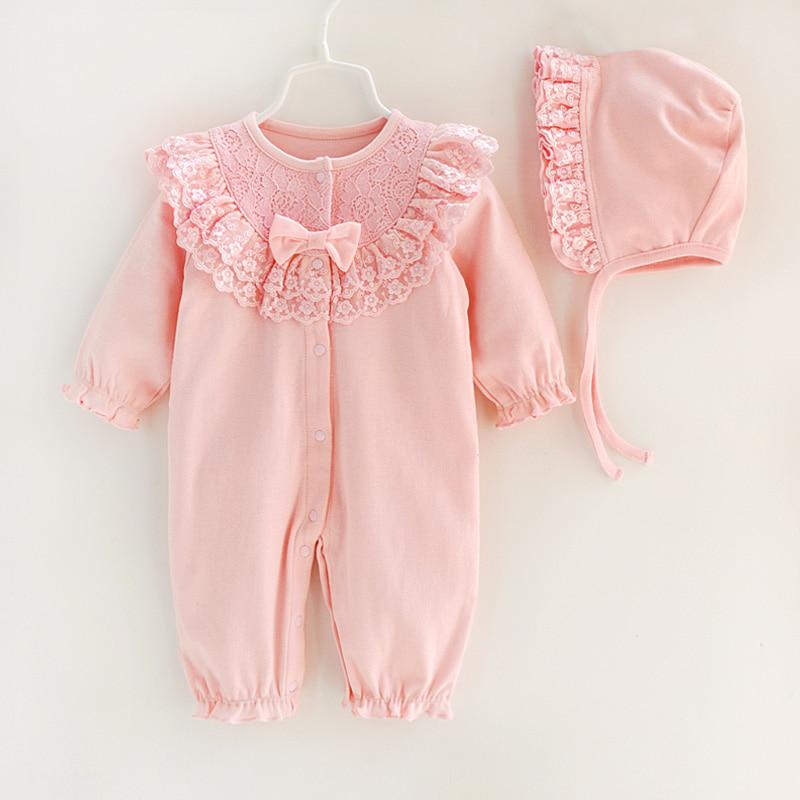 Frühling Neugeborenen Baby Mädchen Kleidung Spitze Blumen Prinzessin Overall + Hüte Infant Mädchen Bodys Onesie 3-6m rosa