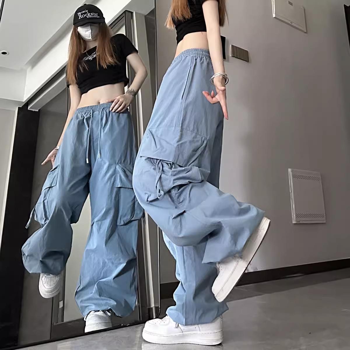 Beige Hip Hop Cargo Hosen Frauen Harajuku Y2K Vintage Baggy Streetwear Oversize Breite Bein Fallschirm Hosen Weibliche Koreanische Mode XXXL blau