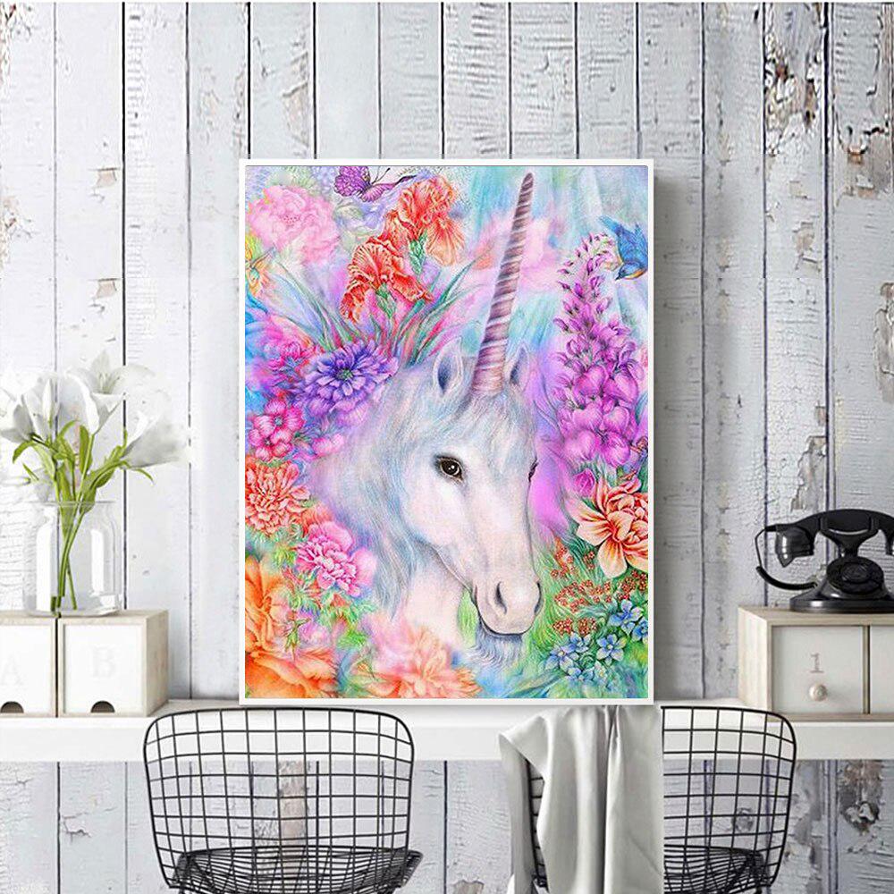 Diamant-Malerei, Kristall-Stickerei, Kreuzstich, Handarbeit, Mosaik-Malerei, Dekor, Blumen-Einhorn 20X30CM