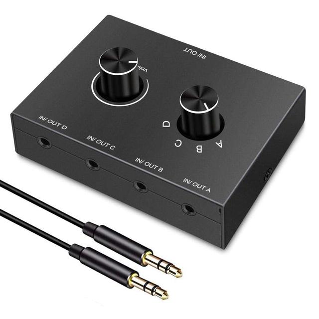4-Port 3,5 mm bidirektional schaltender Audio-Konverter-Splitter, High-Stereo-Audio-Wiedergabe-Anschluss, Audio-Sharing, aktive Lautsprecher und Kopfhörer 4 port Audio Switcher