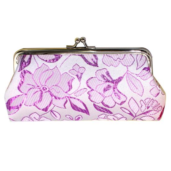 Vintage Damen-Geldbörse mit Blumenstickerei, Kuss-Schloss, lange Geldbörse, Clutch violett