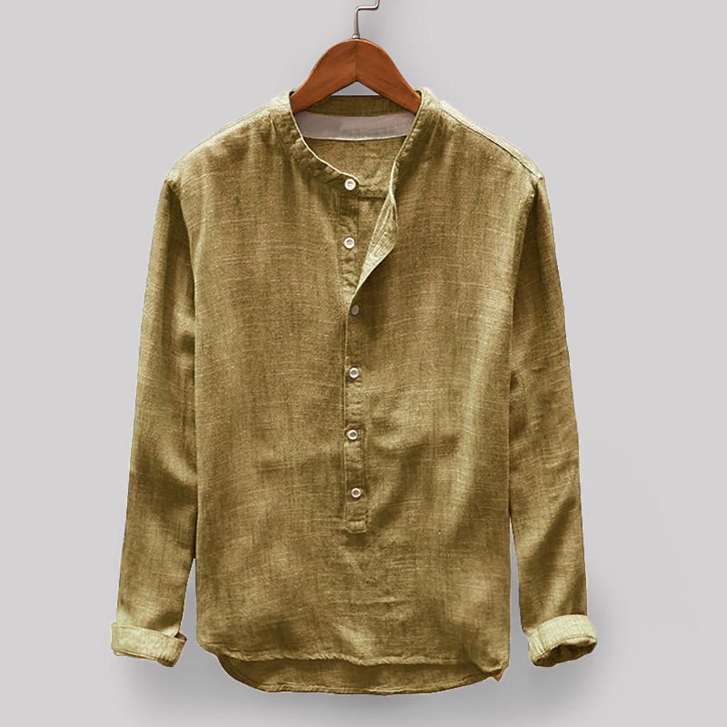 Herren Retro Hemd Einfarbig Baumwolle Leinen Stehkragen Langarm Übergröße Hemd XL gelb