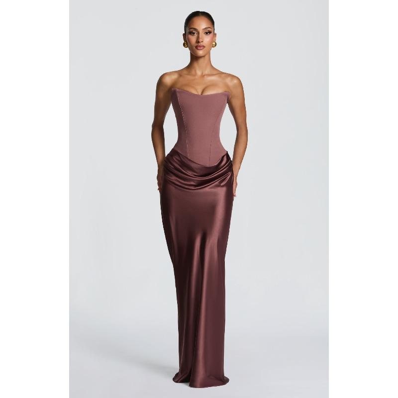 Neues Einfarbiges Taillen Sexy Schlauchoberteil Hüft Langes Kleid Kleid Satin Schnürung Streamer Kleid M rotbraun