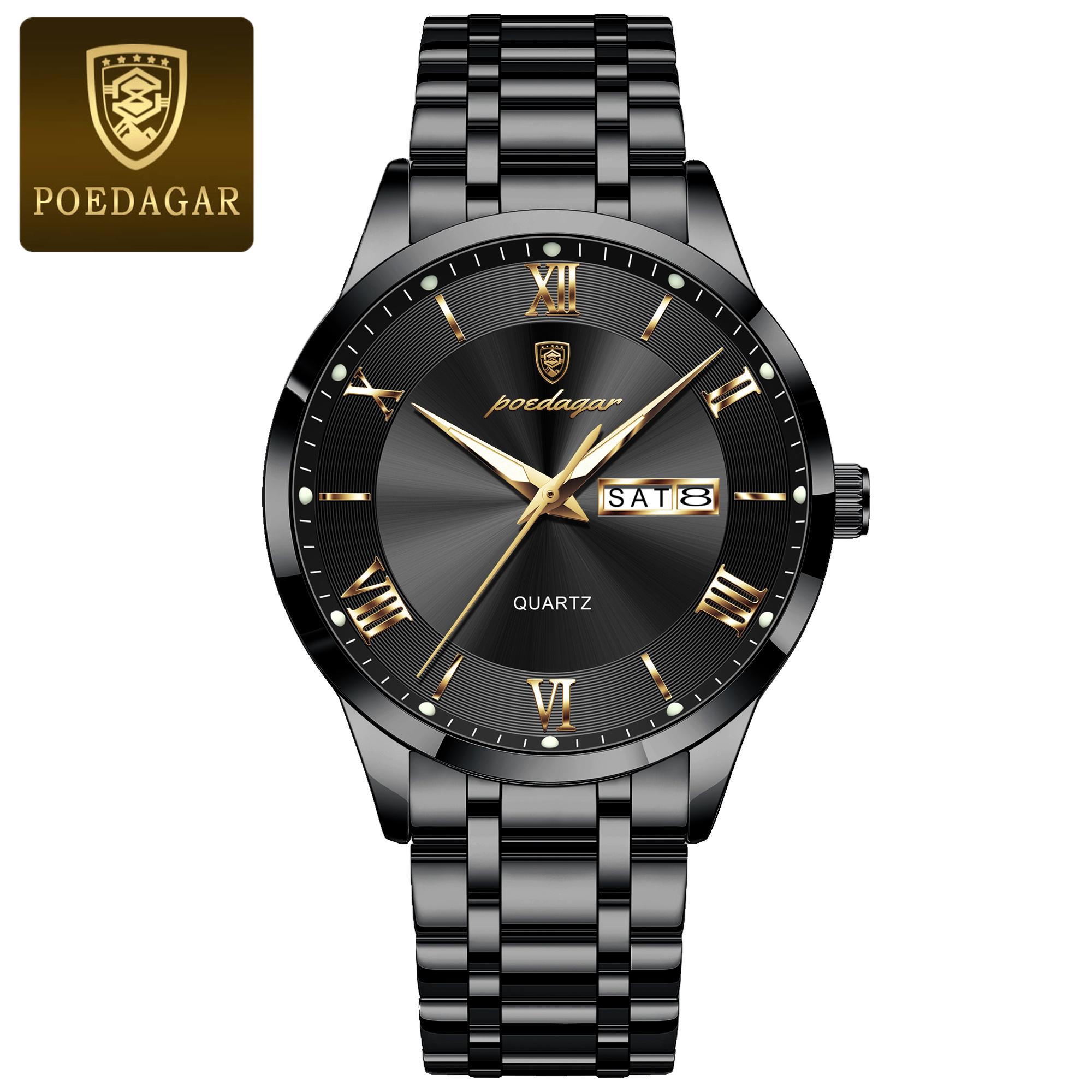 POEDAGAR Luxus Mode Herren Uhr Wasserdicht Leuchtend Wochentag Datum Sport Armbanduhr Edelstahl Quarz Uhren Reloj schwarz