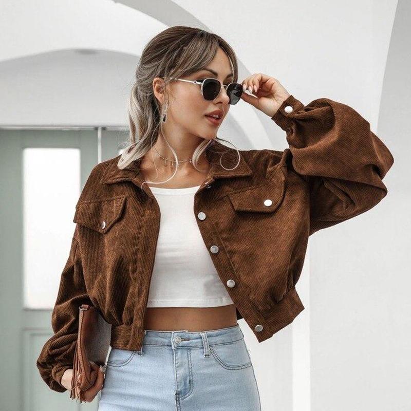 Abgeschnittene Cordjacken Damen Einreiher Mantel Mantel Mode Laternenärmel Vintage Herbst Winter Damenjacke 18047 S rotbraun