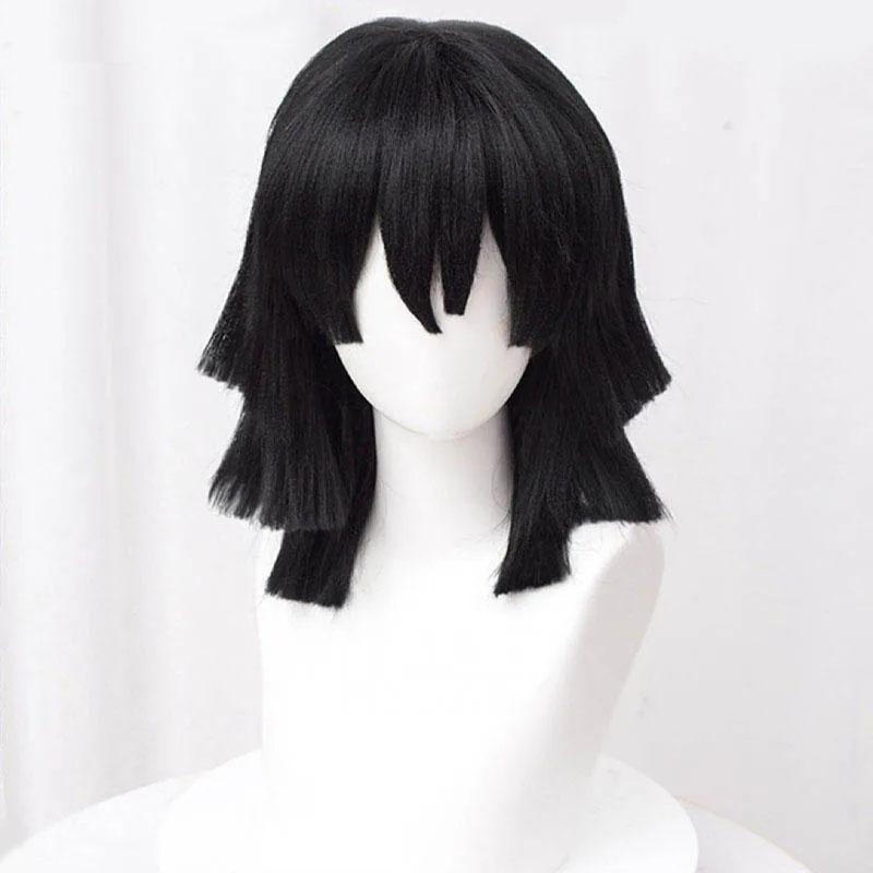 Hochwertige Iguro Obanai Cosplay Perücke, kurz, schwarz, gestylt, hitzebeständiges Haar, Anime-Perücken One Size