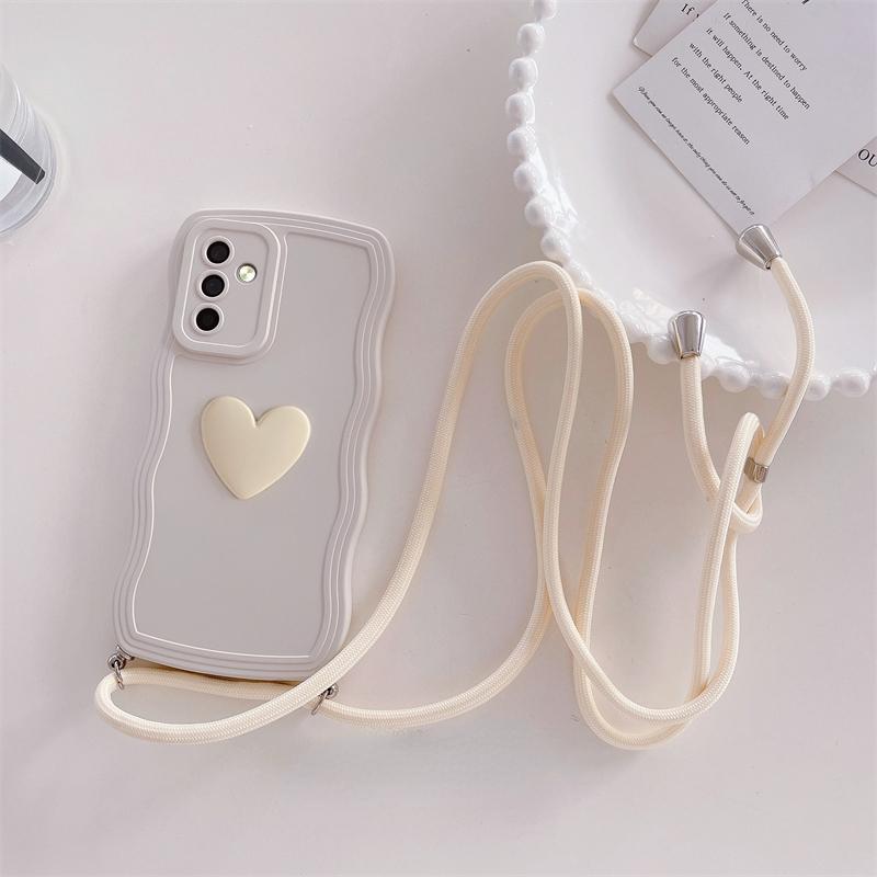 Lockige gewellte Crossbody Lanyard Silikonhülle für Samsung Galaxy S24 S23 S22 S21 Ultra S23 FE A54 A34 A14 A15 A25 A35 A55 A25 A05 3D Love Heart Cover For Samsung S21 weiß
