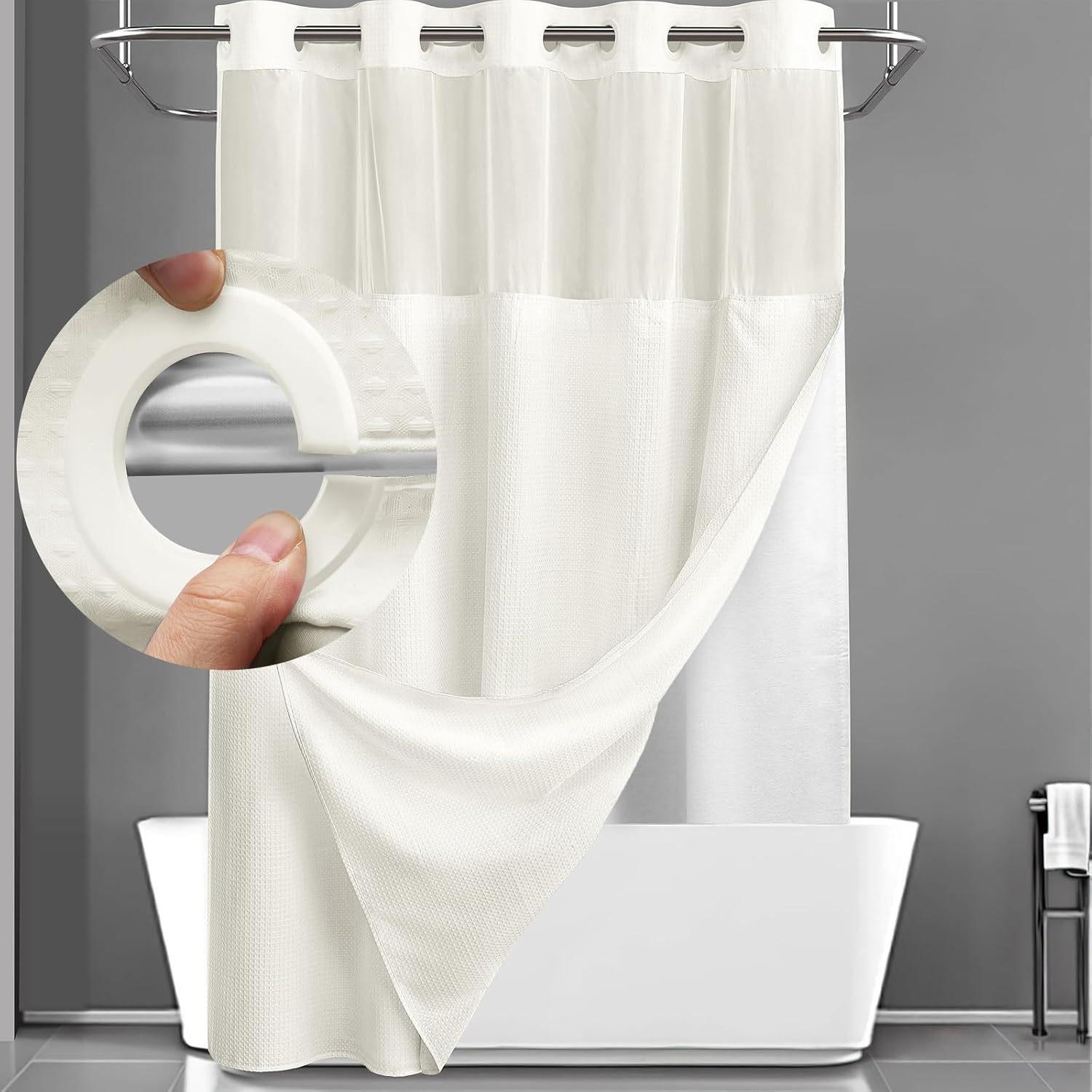 Hakenloses Duschvorhang-Set, Doppelt (mit Liner) Abnehmbarer weißer Duschvorhang 183*190cm beige