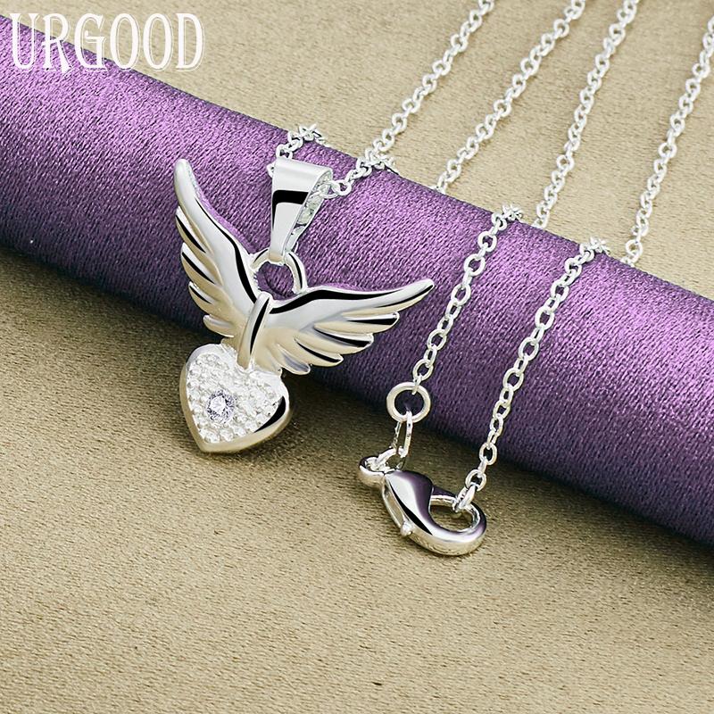 925 Sterling Silber Herz Flügel Anhänger Halskette Hochzeit Modeschmuck 45cm