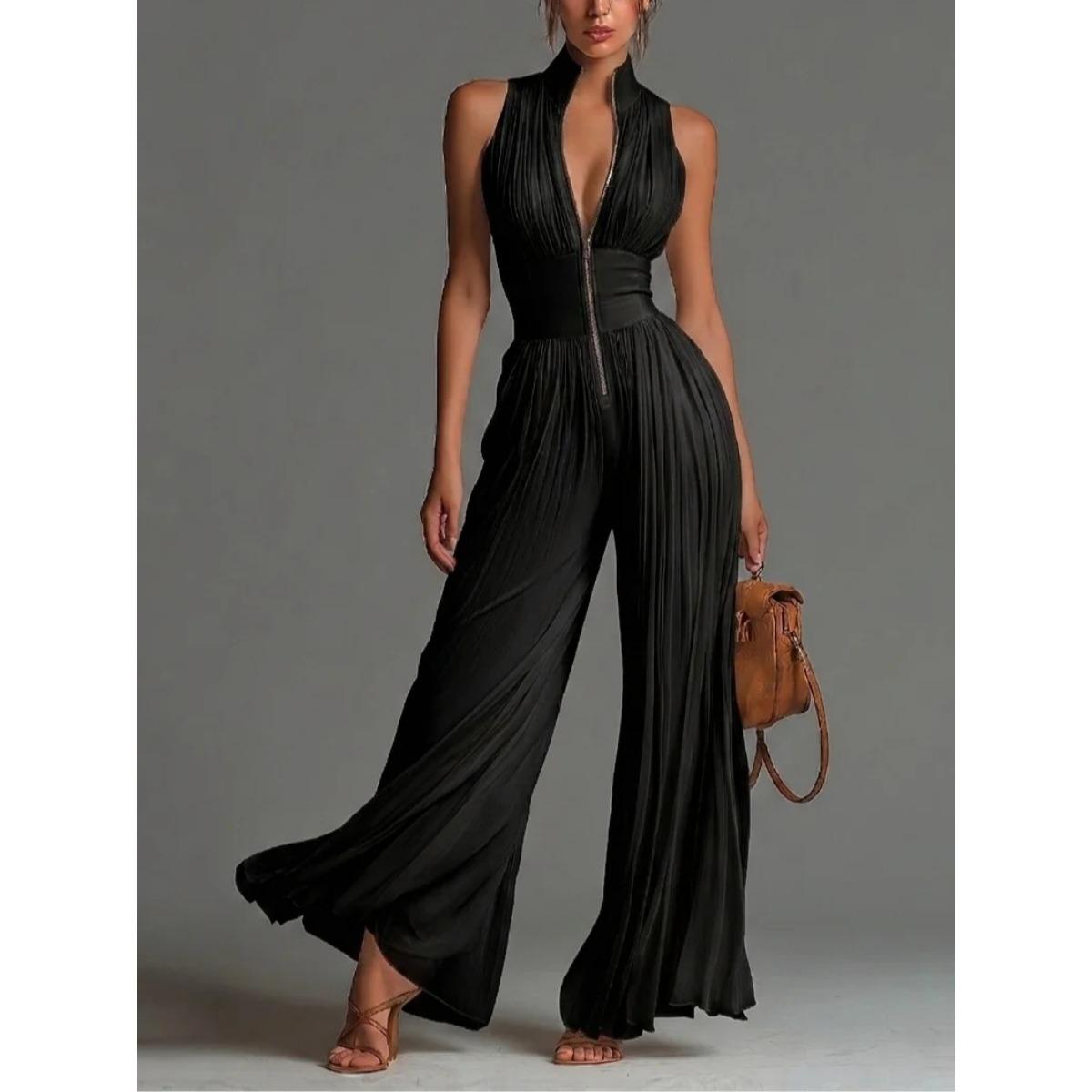 Damen ärmelloser High-Neck-Jumpsuit mit Falten und weitem Bein, hohe Taille, elegant, einfarbig, Party-Jumpsuit XL schwarz