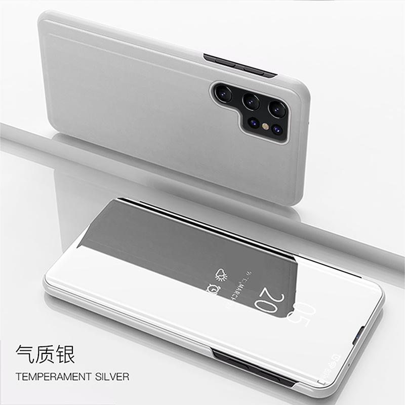Für Samsung Galaxy S25 Ultra 5G Smart View Flip Case Smart Mirror Leder Ständer Handyhülle Für Samsung S24 FE S23+ S22Ultra A10 A73 M60S Rückseite Galaxy S22 Ultra silber