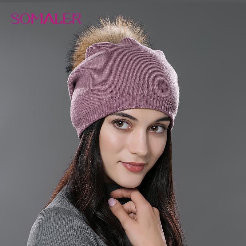 SOMALER Winter-Frauen-Echtfell-Pom-Pom-Mützen, Wolle, gestrickt, dick, warm gefüttert, Mützen, Damenmode, Bommel, Skimützen, Strickmütze violett/natur