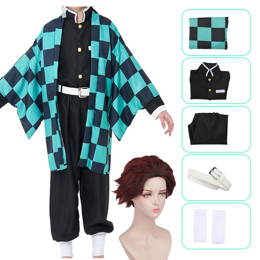 Anime Dämon Slayer Kamado Tanjirou Cosplay Kostüm Kimetsu No Yaiba Cartoon Kostüm Sutis Perücken Halloween Für Kinder Erwachsene CosParty as the picture-140&Cos